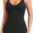 YEOREO Women Halter Workout Jumpsuits One Piece Backless Bodycon Bodysuits Hidden Scrunch V Back Yoga Joceline Short Romper (X-Small, Black)