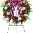 Crowye 2pcs Memorial Day 4th of July Grave Wreaths with Stand Set 23. 62in Cemetery Wreaths 30in Easel Patriotic Gravestone Headstone Independence Day Decor (USA Bow Rose Style)