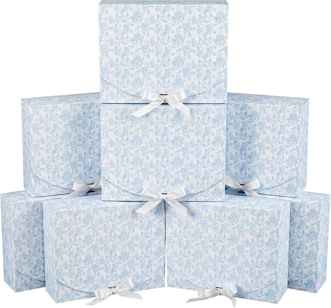 Kolldenn 8 Pack Blue Floral Bridesmaid Proposal Gift Boxes with Ribbon Lids 7.87x10.6x3.2In Toile Flower Empty Paper Box for Wedding Bridal Baby Shower Present Packaging Supplies Birthday Party Favor