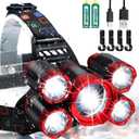 USB Rechargeable Headlamp 12000 Lumen Ultra Bright LED Work Headlight, 4 Modes Waterproof Head Lamp Best Headlamps for Adults, Camping, Outdoors & Hard Hat Work Zoomable Headlight (Red)