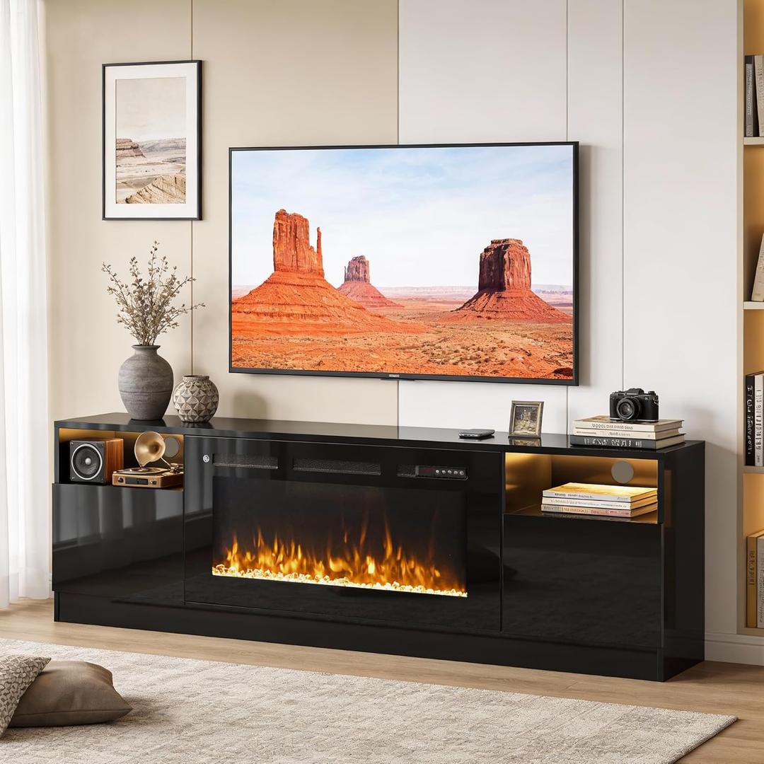 70" Fireplace TV Stand with 36" Electric Fireplace, LED Light Entertainment Center for TVs Up to 80", High-Gloss Door, Modern TV Console for Living Room with Storage Cabinet, Black+Black