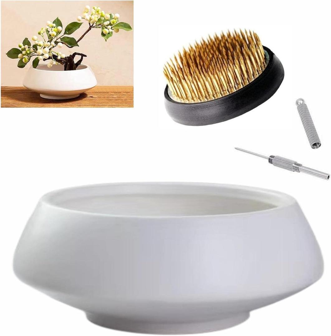 Ceramic Flower Pot Flower Arrangement Set Japanese Ikebana Floral Art Supplies Flower Bowl Decorative Flower Vase for Centerpieces (White)