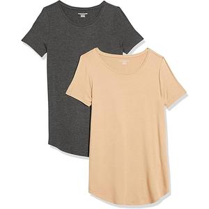 Amazon Essentials Women's Short-Sleeve Scoopneck Tunic, Pack of 2 (X-Large, Charcoal Heather/Light Camel)