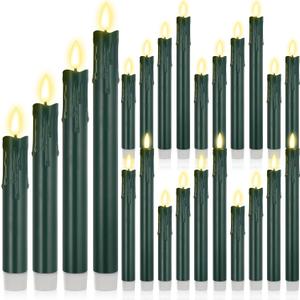 Macarrie 24 Pcs Green Christmas Flameless Taper Candles LED Battery Operated 6.5'', 7.7'', 8.8'', 10'' 3D Flickering Flame Candlesticks Drip Wax Shaped Candles for Halloween Christmas Wedding Decor