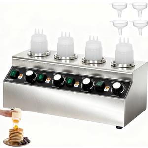 JOHAKYU Commercial Electric Sauce Warmer Dispenser Stainless Steel Countertop Hot Fudge/Nacho Cheese Warmer with 4650ml Squeeze Bottles and 4 Funnels (4 Grids)