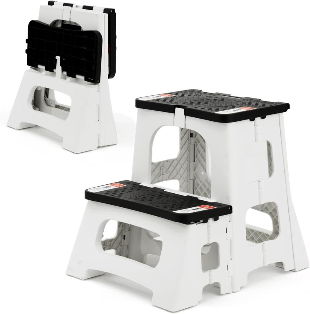 Folding Step Stool, 2-Step 8" 17", Non-Slip, 300lb Capacity | No Assembly, Stable A-Frame, Safety Lock, Anti-Slip Rubber Feet, Collapsible Stool for Kitchen Bathroom Bed RV Office Garden