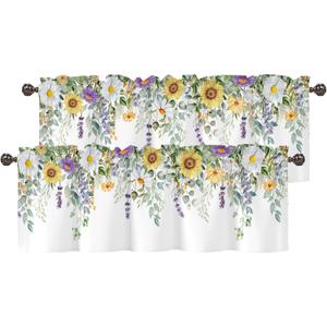 Spring Wildflower Flower Valance for Windows,Window Treatment Curtains Rod Pocket Sheer Small Short Valance for Kitchen Bathroom Laundry Basement,2 Panels,54Wx18L inch,Watercolor Eucalyptus Leaves (Green White9)