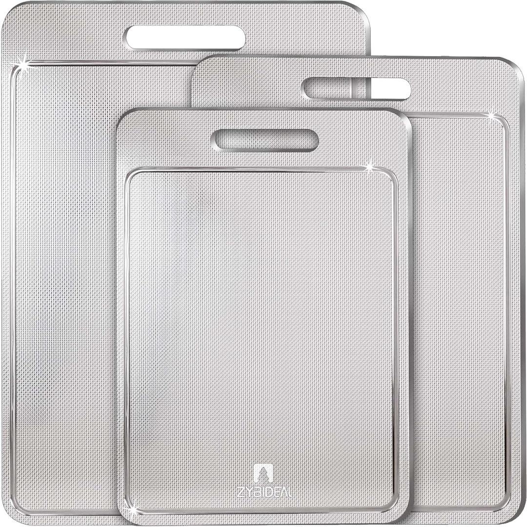 3Pcs 100% Pure Titanium Cutting Board with Groove, Scratch Resistant Chopping Board with Non-slip Pad for Kitchen, Titanium Cutting Boards for Vegetables and Meat, Dishwasher safe