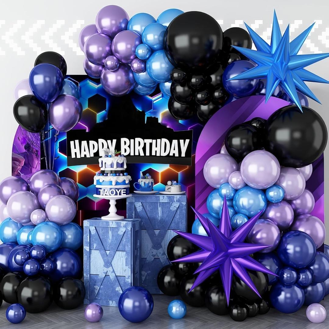 Black Purple Blue Balloon Arch Garland Kit, 127Pcs Navy Light Blue Metallic Lavender Violet Black Latex Balloons with Chrome Explosion Star Balloons for Kids Game Birthday Outer Space Party Decoration