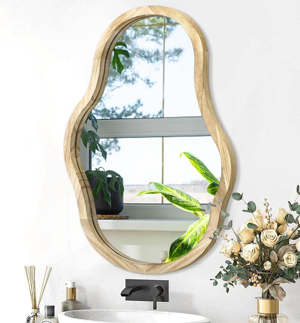 Asymmetrical Wooden Framed Wall Mirror Modern Unique Shape Hanging Mirror Artistic Irregular Mirror Decor Bathroom Vanity Bedroom Living Room Entryway Hallway Large Natural 26"x18" (26"L x 18"W)