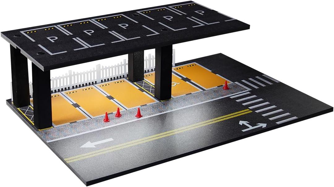 1/64 Scale Metal Model Car Display Cabinet Storage Rack - with LED Light Strip Parking Lot Scene Model, Ideal for Toy Car Display and Storage (Street)