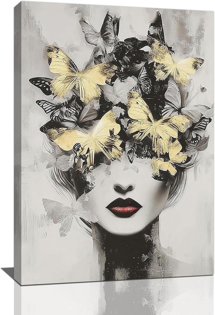 Gold Butterfly Woman Wall Art Black and White Female Wall Decor Modern Grey Aesthetic Canvas Pictures Paintings Prints Artwork Framed Decorations For Beauty Salon Spa Bathroom Bedroom Living Room Office Gifts 16" x 24"