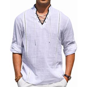 EDITCOZY Men's Pirate Shirt Costume Drawstring Tops Renaissance Viking Medieval Halloween Cotton Linen Shirts White XL (L)