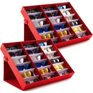18 Slot jewelry Sunglasses Organizer Box Stand Display Case/Tray, Snap Close & Polyester Silk Lined (2, Red)