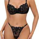 Lilosy Sexy Satin Mesh Floral Sheer Embroidered Underwire Lingerie Set 2 Piece Women (Black, L)