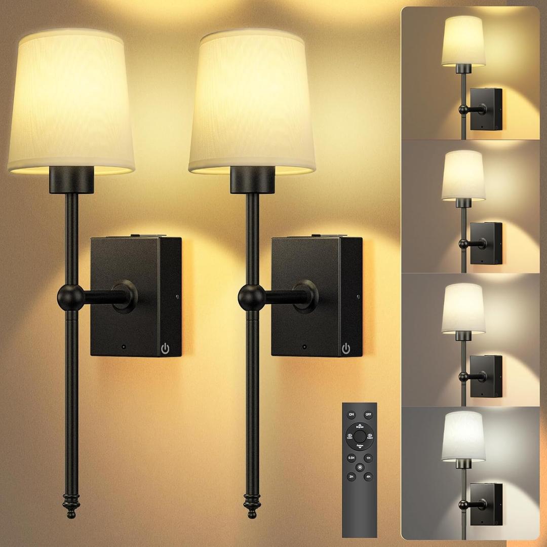 TOOWELL Battery Operated Wall Sconce Set of 2: Black Rechargeable Wall Lights Fixtures 8000mAh Dimmable LED with Remote Wireless Wall Lamps Timer for Home Bedroom Hallway Bathroom Living Room Decor