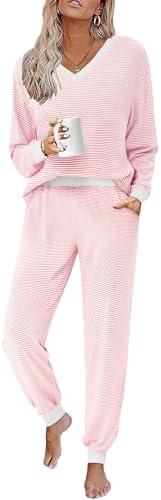 JUSTFASHIONNOW Women's Pajama Sets 2 Piece Striped Lounge Sets Long Sleeve Top and Pants Soft Sleepwear Pjs 2025 Fall Outfits, Size XXL