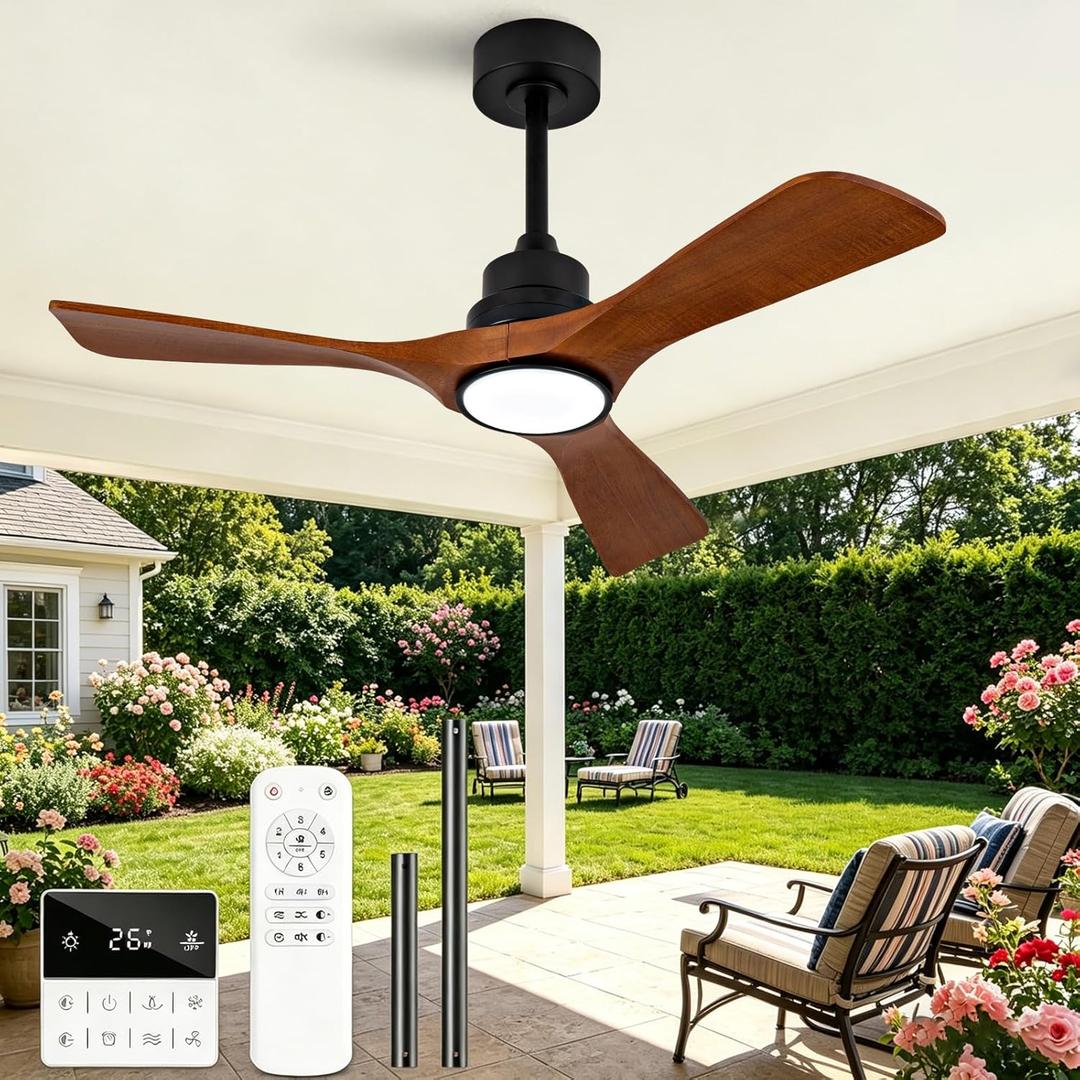 42 Inch Ceiling Fans with Lights and Remote, Wood Ceiling Fan with Light, Wall Switch, Dimmable, Reversible DC Motor, Memory Function, Modern Indoor Outdoor Black Ceiling Fans for Patios Bedroom