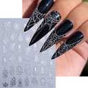 3 x 5 Sheets Halloween Spider Web Nail Stickers for Nail Art 3D Self-Adhesive Spider Web Nail Art Stickers White Black Silver Laser Gold Spider Nail Decals Holiday Nail Design Supplies for Women (W7)