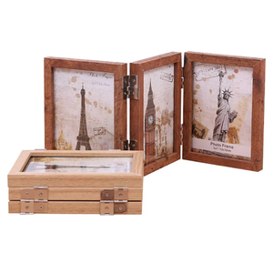 Collage Picture Photo Frames - 3.5x5, Triple Hinged 3 Desk Picture Frame, Wooden Desk Tabletop Family Photo Frame with Glass Opening, Decorative Folding Trifold Picture Frame Stand Vertical, Brown