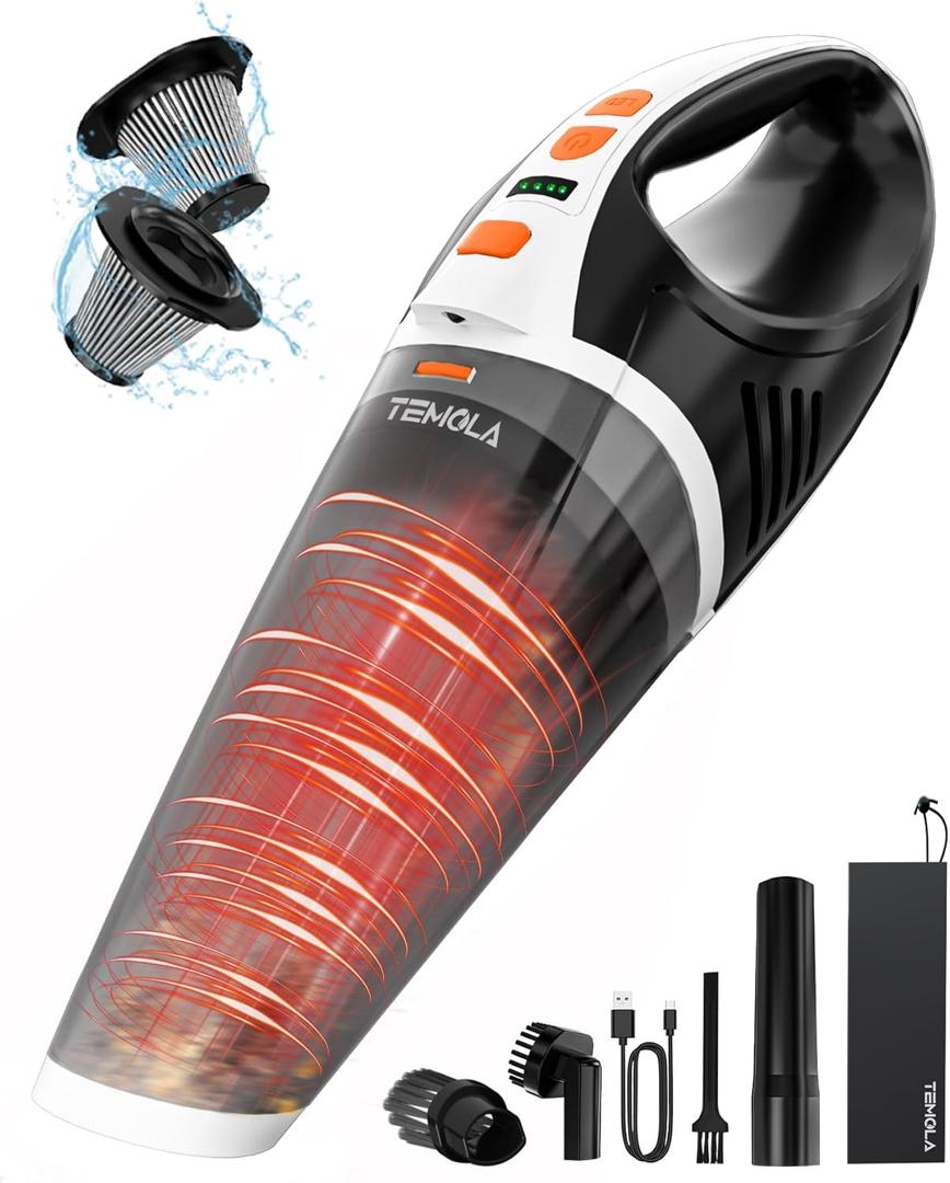 TEMOLA Handheld Vacuum Cordless, Car Vacuum Portable with Brushless Motor, 15000PA High Power Hand Held Vacuum, 2-Speed Design Car Mini Vacuum Cleaner with LED, Car Accessories for Car Home Cleaning (White)