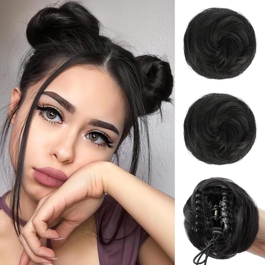 HANYUDIE Space Bun Hair Pieces 2PCS Claw Clip in Hair Bun Mini Bun Hair Scrunchies Extension for Women Girls Natural Black