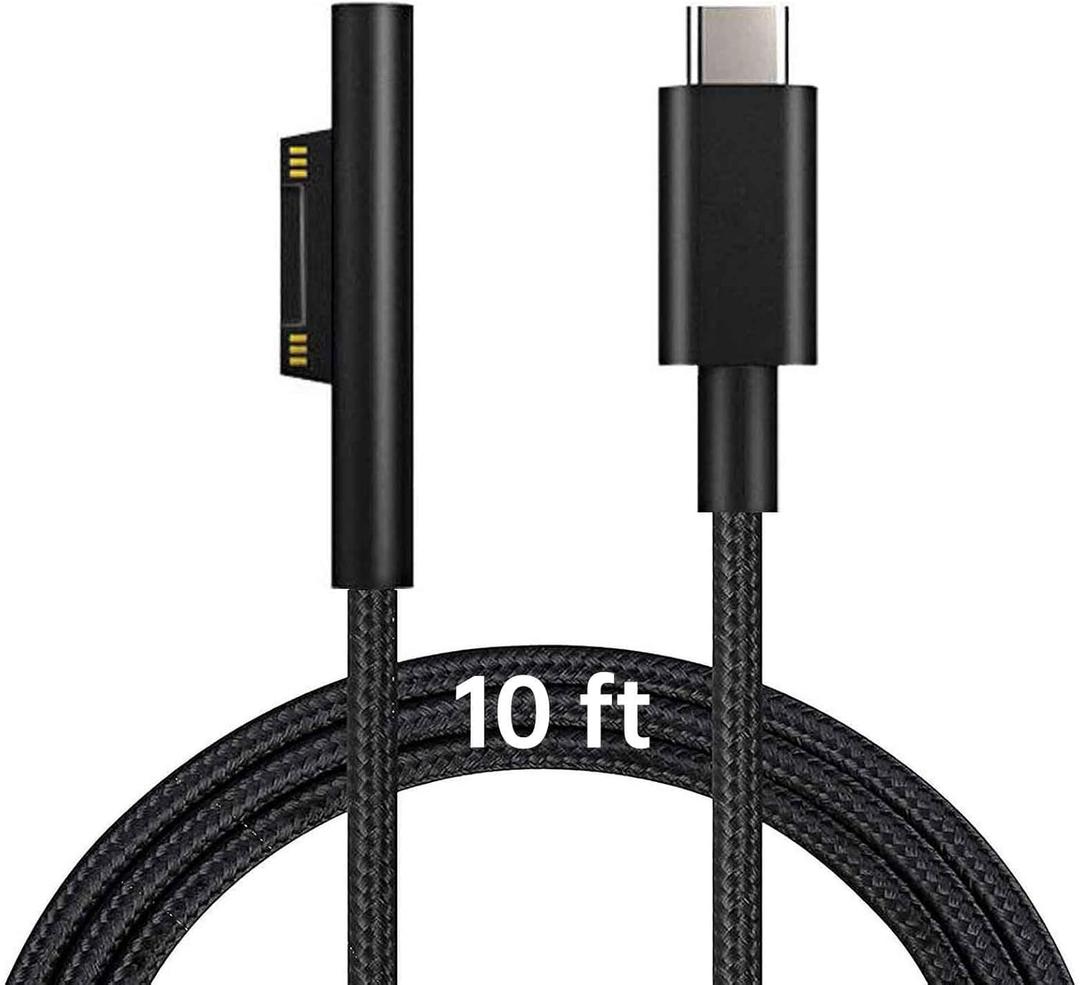 Surface Connect to USB-C Charging Cable (Matte Black 10ft), Compatible for Microsoft Surface Pro 11/10/9/4/7/6/5/4/3 Go4/3/2/1 Laptop7/6/3/2/1, Works with 45W 15V3A USBC Charger Power Supply