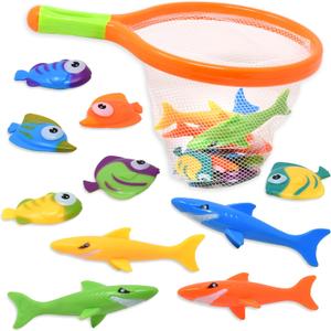Toy Fishing Net for Bath | Bath Toys for Kids  Dive Game Small Sinking Fish, 4 Sharks & 6 Fish Multicolored
