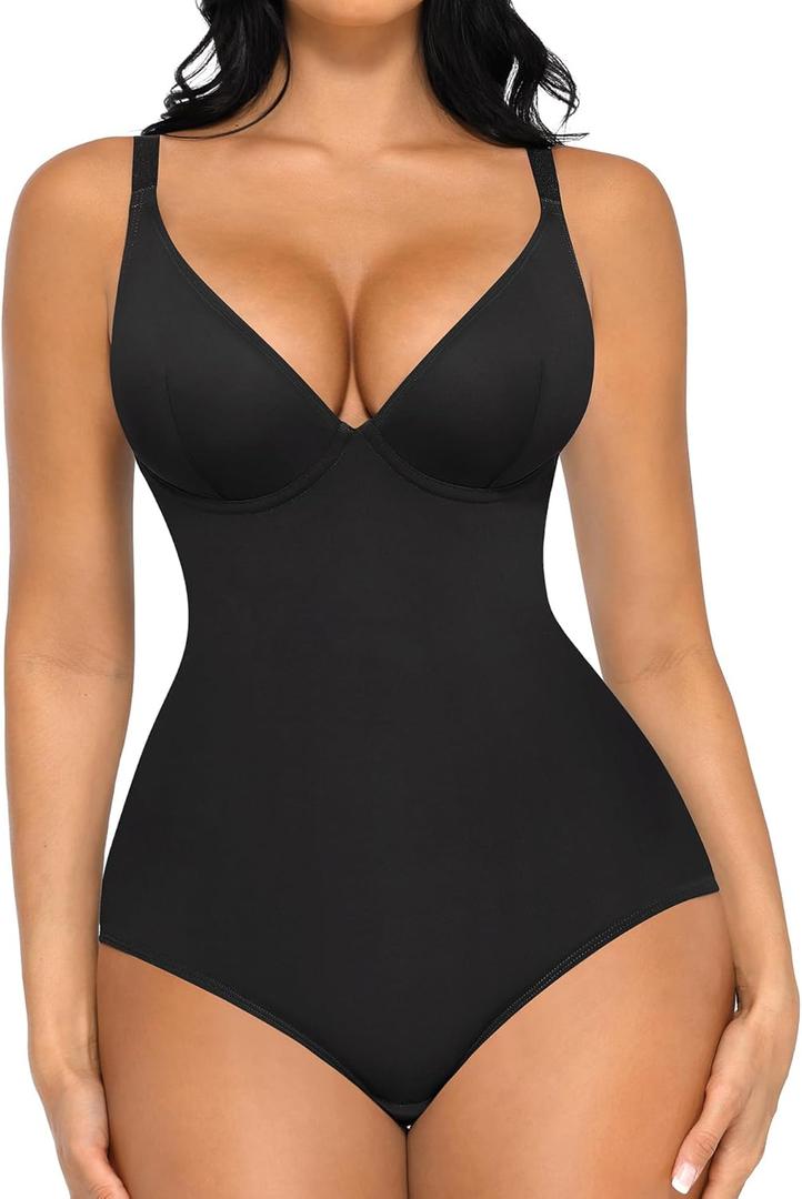 FeelinGirl Shapewear Bodysuits for Women Tummy Control Deep V Neck Body Suits with Built in Bra Tops, Black, Large