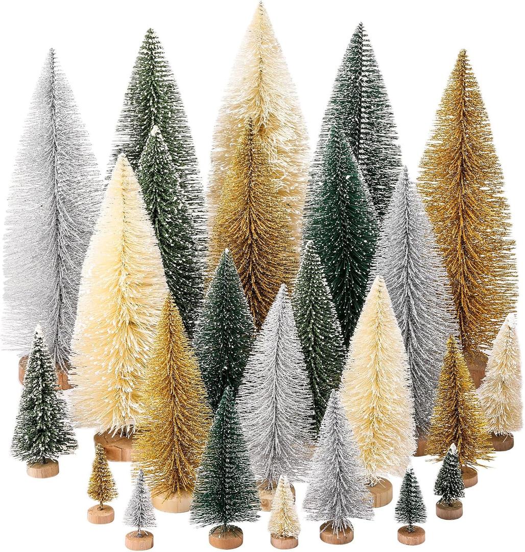 Geetery 25 Pcs Christmas Trees Set,Artificial Pine Sisal Bottle Brush Trees with Wood Base for Christmas Party Table Village Craft Decorations (Multi Color)