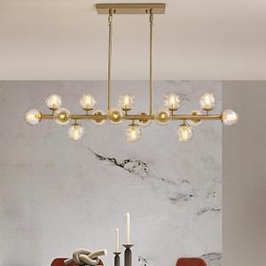 MOOONIHCE 16 Lights Rectangle Chandelier, Mid Century Globe Chandeliers with Clear Glass Shades, Gold Linear Pendant Ceiling Light Fixture for Dining Room Kitchen Island, Living Room