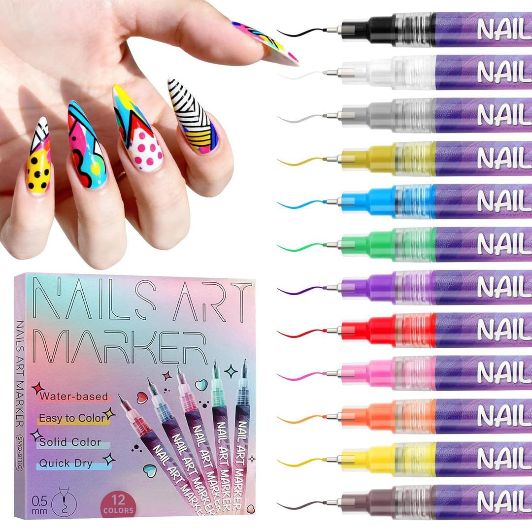 12 Colors Nail Art Pens Set, EBANKU Nail Polish Pens Quick-Drying Acrylic Paint Pen Nail Point Dotting Liner Pen Tools for Home & Salon Nail Art DIY