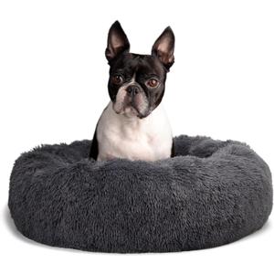 Calming Donut Dogs Beds for Medium Dogs up to 45 lb,30inch Anti-Slip Plush Round Dog Bed with Raised Rim,Fluffy Faux Fur Pet Bed for Cozy Sleep,Dark Grey