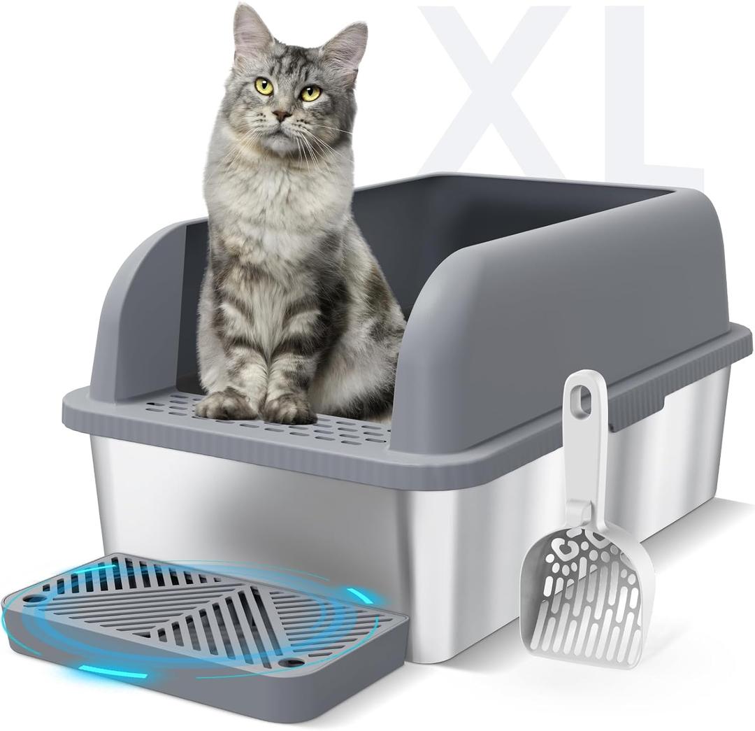 Enclosed Stainless Steel Cat Litter Box with Lid Extra Large Litter Box for Big Cats XL Metal Litter Pan Tray with High Wall Sides Enclosure, Non-Sticky, Anti-Leakage (Grey) (6" Deep Dark Grey)