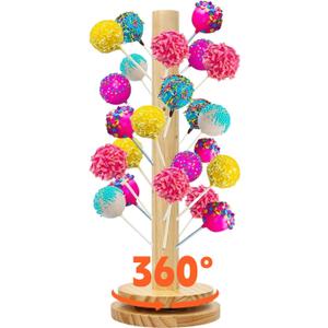 Wooden Cake Pop Stand with Spinning Base, 48-Hole Dessert Display Holder for Candy Buffet Table, Birthday Wedding Baby Shower Party Anniversary Decor (1 Pack)