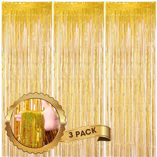 Voircoloria 3 Pack 3.3 x 8.2 ft Laser Gold Foil Fringe Backdrop Curtains, Tinsel Streamers Birthday Party Decorations, Fringe Backdrop for Graduation, Baby Shower, Gender Reveal, Disco Party