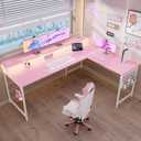 Pamray 64 Inch L Shaped Gaming Desk with Power Outlets and Led Lights, Large Corner Computer Desk with Monitor Stand and Pegboard, PC Table for Home Office and Bedroom Pink