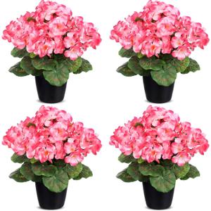 Zeyune 4 Pack Artificial Geranium Flowers for Outdoors Silk Flower UV Resistant Fake Plants Realistic Faux Flowers Outside for Home Kitchen Garden Patio Table Centerpiece(Pink)
