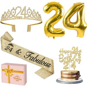 24th Birthday Decorations for Women Gold with 24th Birthday Sash and Tiara, Cake Topper and Candles, Number Balloons Gold, 24 Year Old Gifts for Women