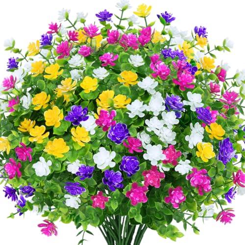 KLEMOO 12 Bundles Outdoor Artificial Fake Flowers UV Resistant No Fade Boxwood Faux Plastic Shrubs Plants for Garden Patio Porch Window Box Home Wedding Farmhouse Hanging Décor