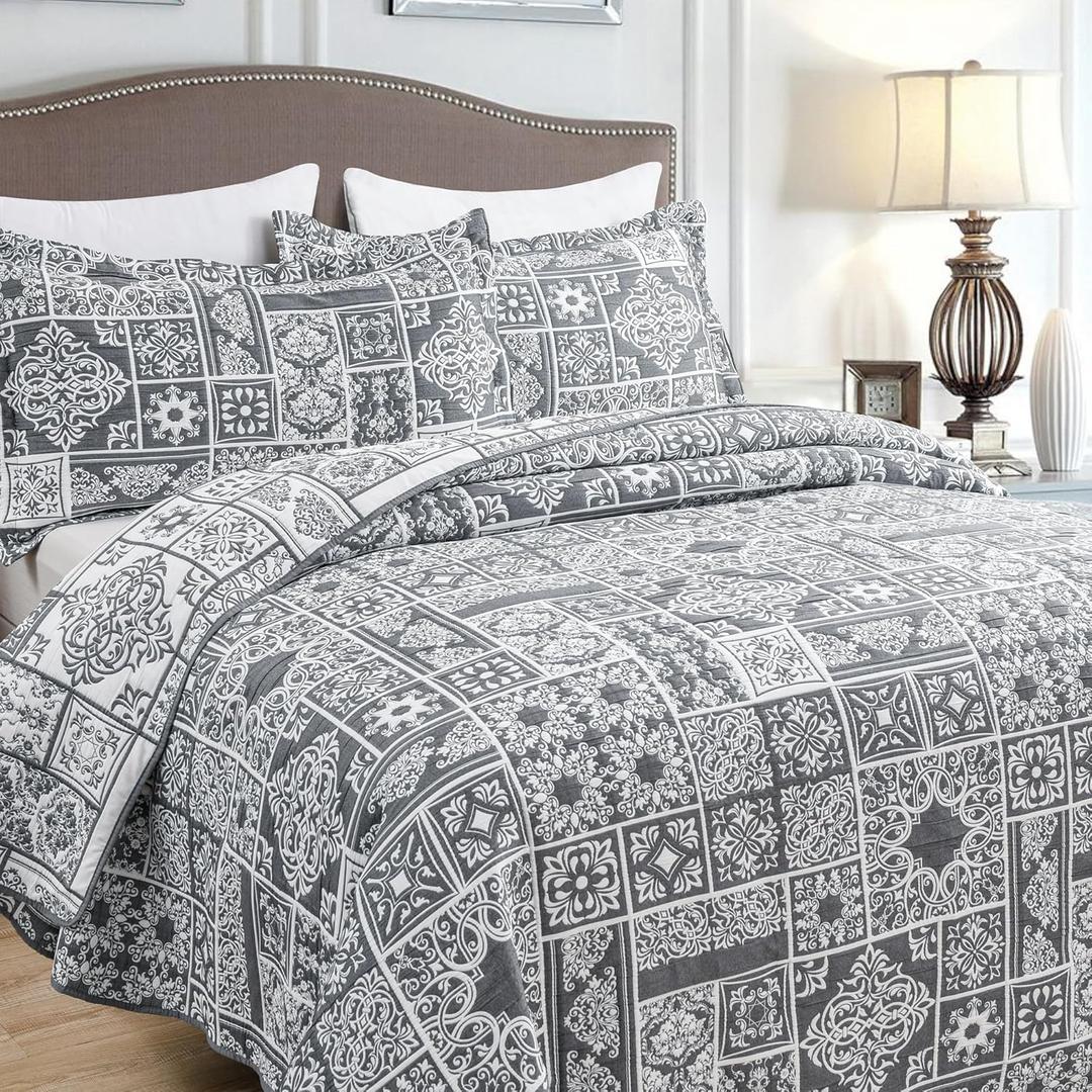 Asuexpect 3 Piece Grey Patchwork Bedspread Sets King Size, Boho Reversible Jacquard Bedding Set for All Season, Soft Lightweight Comforter Bedspread Coverlet Set (106''x96'') with 2 Shams