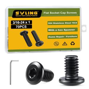 3/16-24 x 1" Bolt, 70PCS Flat Head Hex Socket Cap Screws Bolts, 304 Stainless Steel 18-8, Fully Threaded, Black Zinc Finish, with Hex Spanner