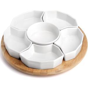 SOUJOY 11'' Lazy Susan Serving Tray, Porcelain 360 Rotatable Serving Tray and Platters, Removable Divided Serving Dishes, Party Relish Bowl for Chip, Dip, Veggies, Candy and Snack, Cheese, 7 Pieces