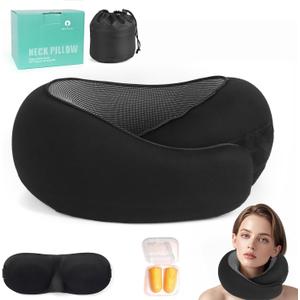 Memory Foam Travel Neck Pillow, Black Travel Pillow for Airplane Neck Support Camping, Offices, Sleeping Rest Cushion, Airplane Neck Pillow, Black
