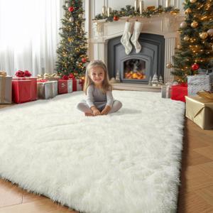Amdrebio Ivory Area Rugs for Living Room Bedroom, 8x10 Big Large Soft Fluffy Neutral Carpet for Kids Room, Shaggy Thick Fuzzy Floor Rugs for Apartment Playroom Nursery Classroom, Furry Cream White Rug (8' x 10' (Rectangular))
