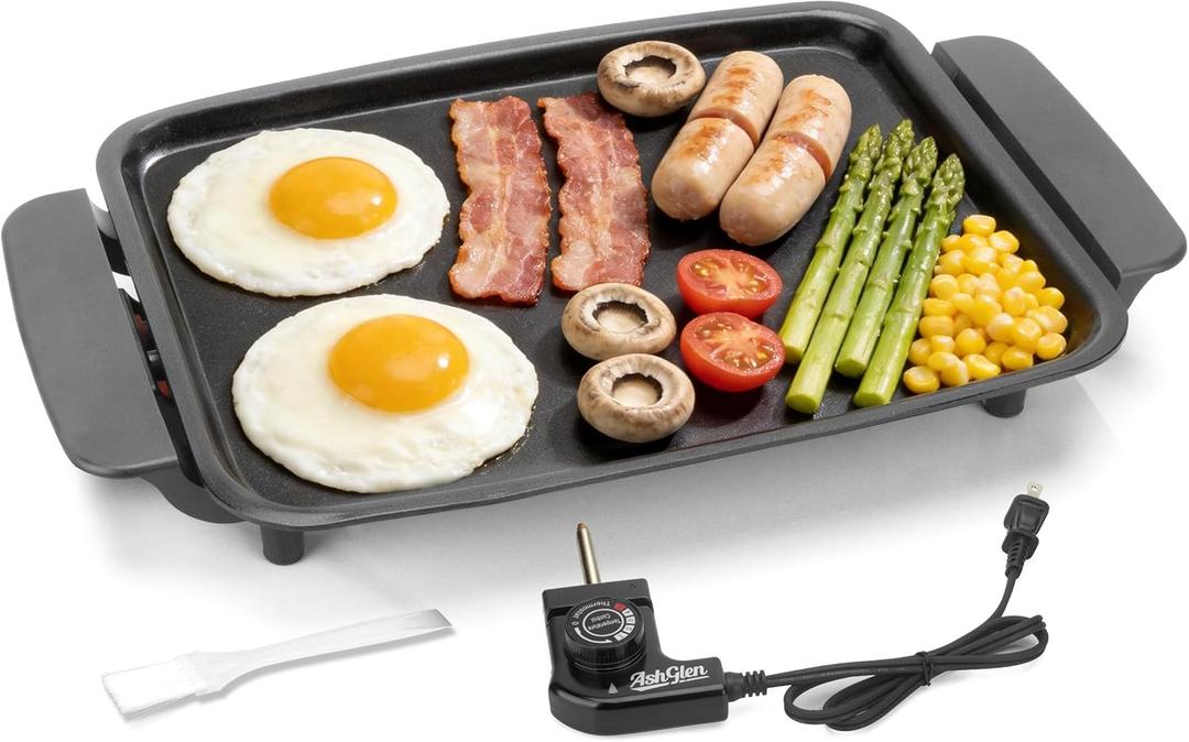 AshGlen Small Electric Griddle Nonstick, Griddle Pan Electric, Parrilla Elctrica Para Cocinar, 12-Inch Ceramic Coating Pancake Griddle Electric, Indoor Griddle Grill Electric, PFOA Free, Graphite