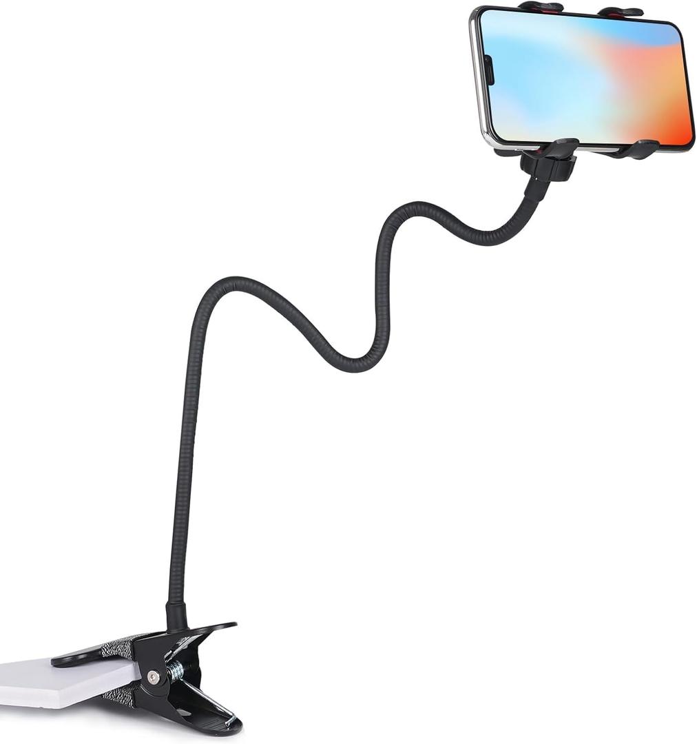 Gooseneck Phone Holder for Bed - [Upgraded Stable Clip] for Desk, Headboard, Bed, Bedside, Table, Flexible Long Arm Stand, Overhead Cell Phone Clamp Mount, for All 4-7 Devices-Black