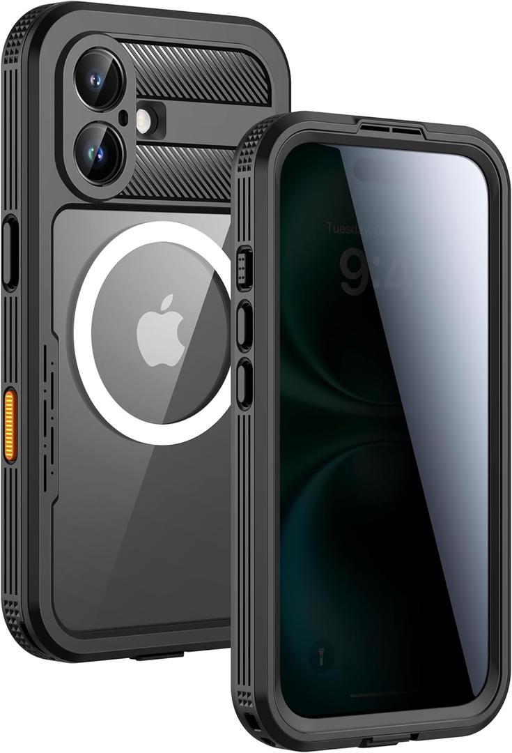 Lanhiem Magnetic for iPhone 16 Plus Waterproof Case, Built-in Privacy Screen Protector, Compatible with MagSafe, Anti-Spy Full Body Phone Case for iPhone 16 Plus 6.7", Black