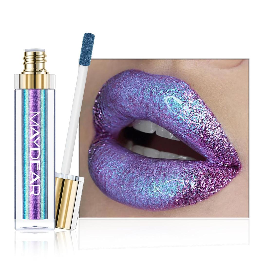 Maydear Chameleon Lipstick, High Pigmented for Women Metallic Shine Lip Gloss, Full-Coverage Multichrome Long Lasting Rainbow Makeup, Blue Purple (#4)