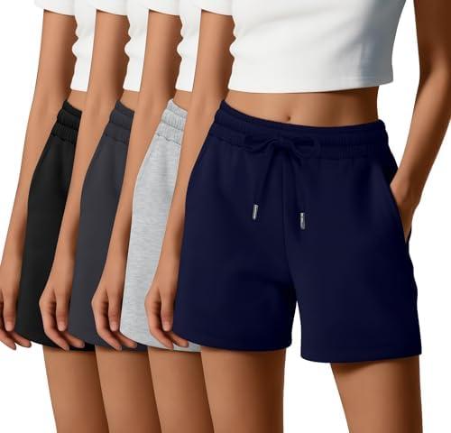 Locoowai 4 Pack Women's Sweat Shorts Casual Summer High Waisted Drawstring Athletic Comfy Shorts with Pockets Lightweight Size S